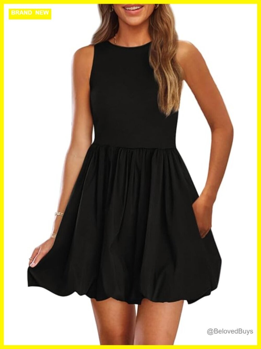 Sleeveless Tank Crew Neck Bubble Sundress with Pockets Mini Dress
